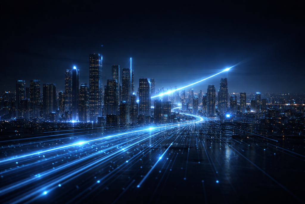 Futuristic cityscape with glowing data streams