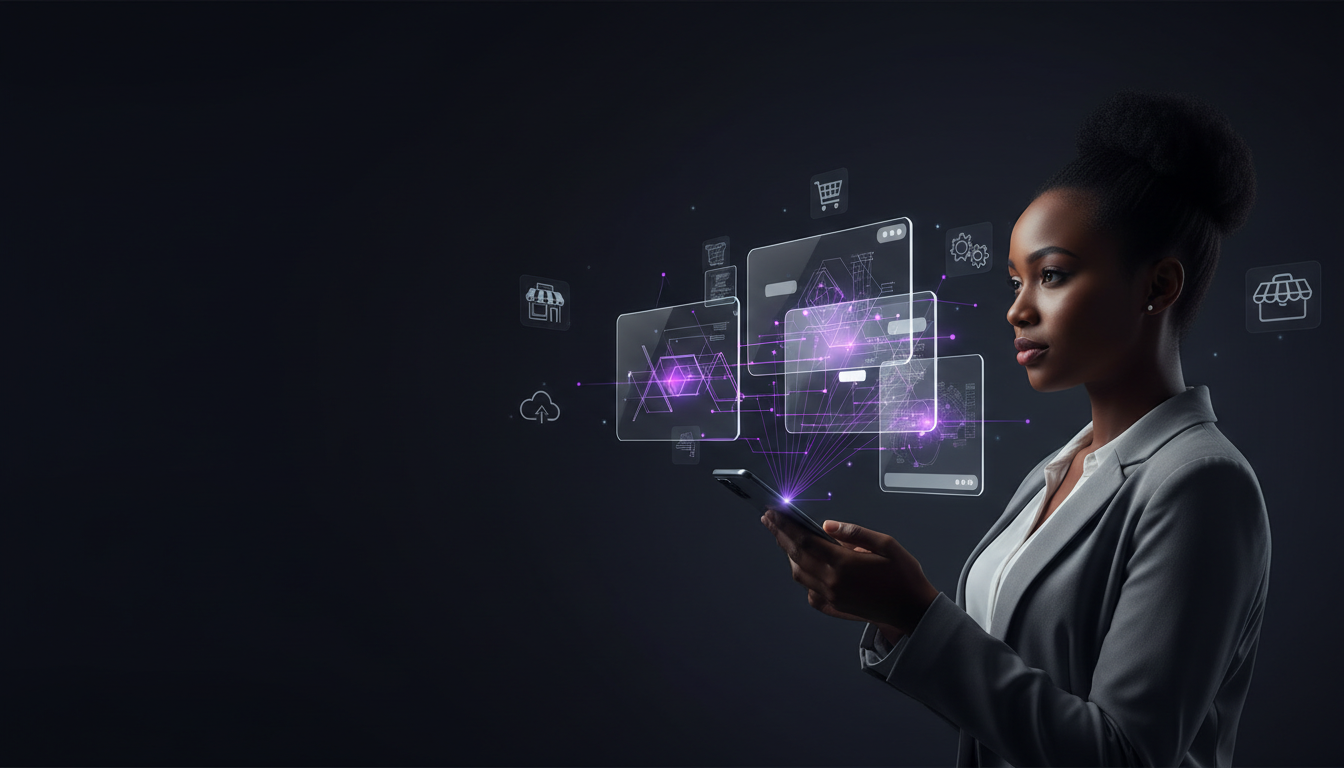 Illustration of a customer using a phone as an AI information layer connects their questions to businesses.