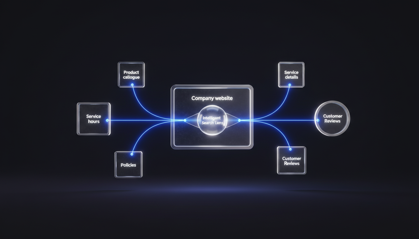 Connected digital information cards representing website pages, business details and reviews around an AI search lens.
