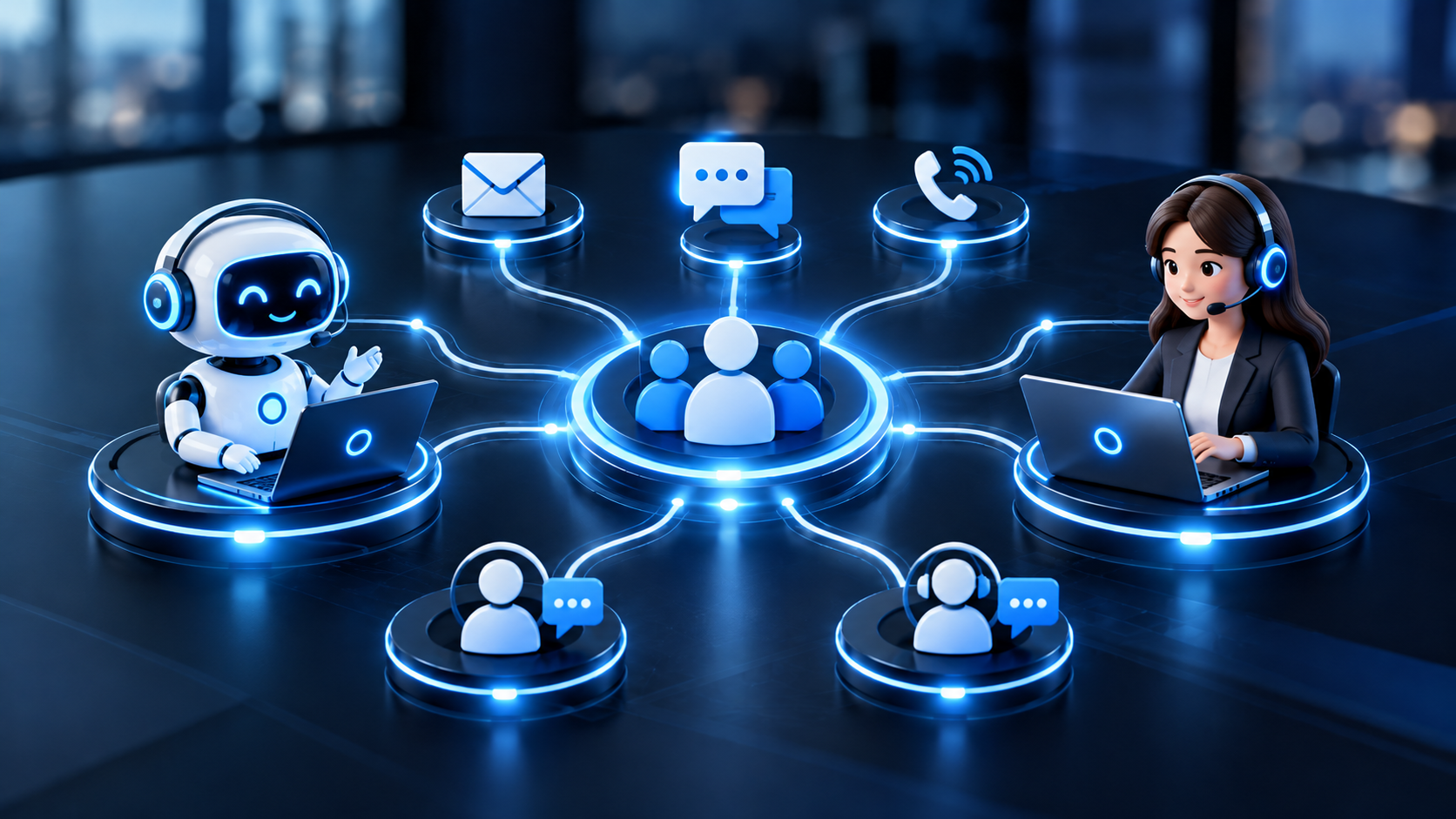 AI chatbot and human support professional connected through a shared customer service network
